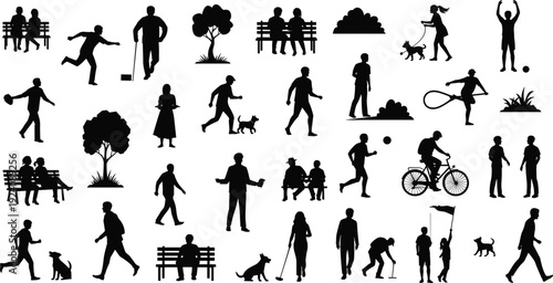 Large Collection of Park Activity Silhouettes Featuring People Walking Dogs Riding Bicycles Sitting on Benches and Playing Sports Isolated on White Background for Graphic Design