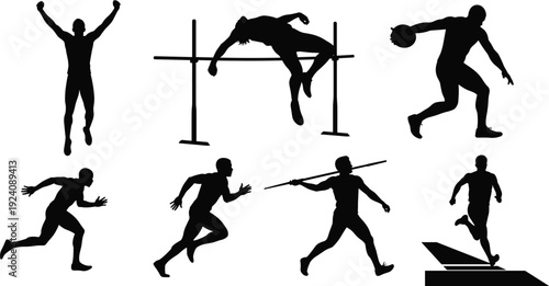 Male athletics silhouette set, track field sports actions, running jumping throwing hurdling sprinting, black white vector illustration, collection, design, poster