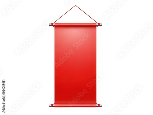 Red banner with rope hanging from top isolated on transparent background