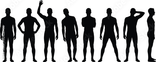 Male body silhouette collection featuring muscular standing men poses, black human figure anatomy set isolated on white background