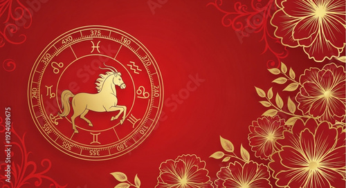 Golden Horse Zodiac Symbol in Astrology Circle with Flowers.