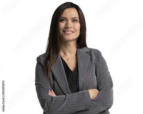 Beautiful, attractive, middle aged woman standing isolated on transparent background. Confident successful female looking at camera. Business concept