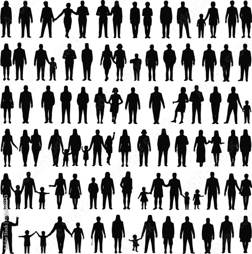 Collection of diverse family silhouettes holding hands including parents children and seniors isolated on white background representing unity love support and togetherness concept