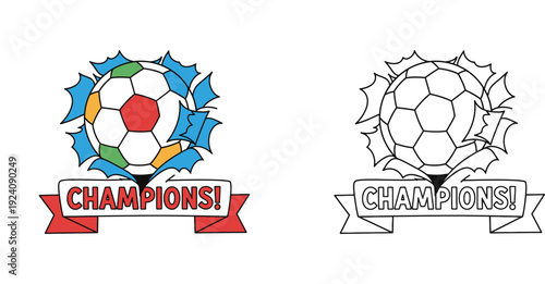 Champions Soccer Ball Breaking Through Banner - Victory Emblem Vector
