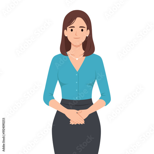 Professional Businesswoman Front View Standing with Hands Folded. Flat vector illustration isolated on white background