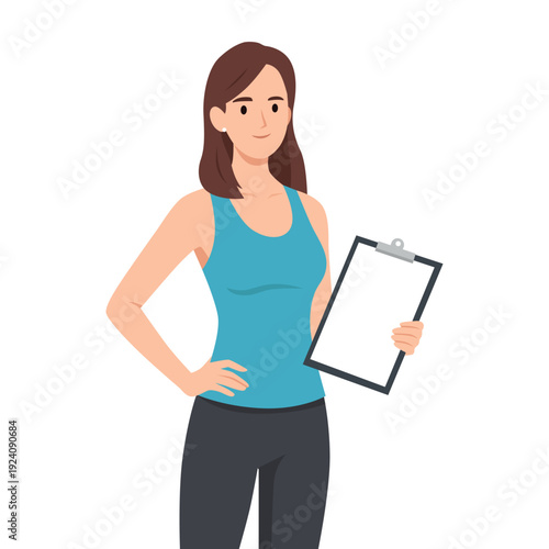 Female Fitness Coach Holding Clipboard. Flat vector illustration isolated on white background