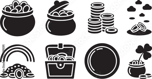 Assorted black silhouette icons depicting pots of gold coins, rainbows, and treasure chests