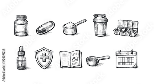 Health and fitness outline icon set. Supplements, nutrition, workout essentials icons.