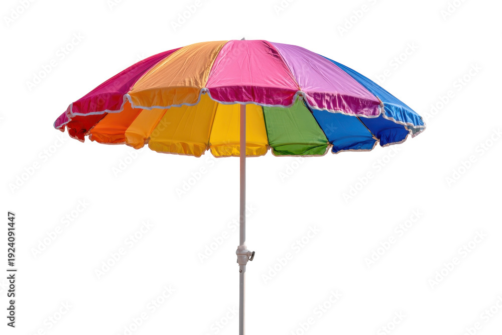 Obraz premium Colorful Summer Umbrella Joyful Vibrant Beach Shade Sun Protection Isolated Parasol Rainbow on transparent background