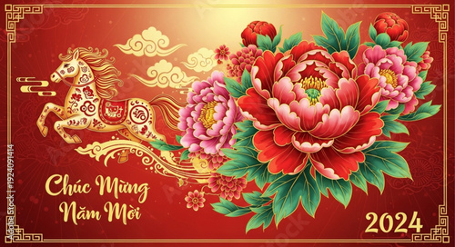 Golden Horse and Peony Flowers for Lunar New Year 2024.