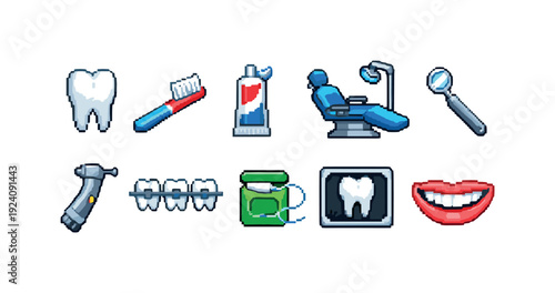 Dental care filled icon set. Oral health tools and equipment collection.