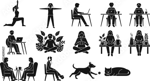 Black vector silhouette set of people practicing yoga working on laptops drinking coffee and relaxing with pets for modern lifestyle and remote work branding