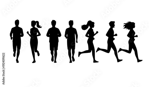 Diverse Running People Silhouettes Vector Collection Isolated on White