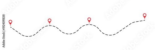 Dotted path with location points icon. 4 points with dotted path and location pin. isolated on white background. Vector illustration,