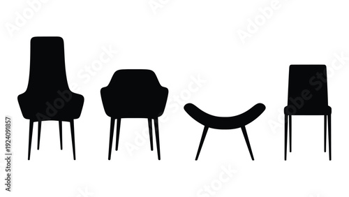 A group of four different chair silhouettes isolated on white background, Vector