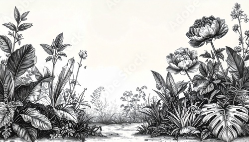 Black and white tropical garden landscape.