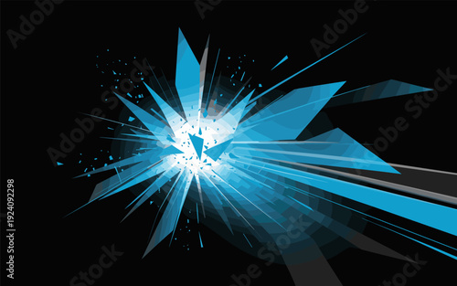 Abstract Blue Geometric Explosion, Shards of Broken Glass or Ice on Black Background, Flat Vector Style