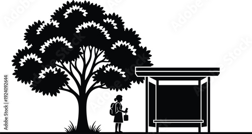 Black vector silhouette of a young student with a backpack waiting under a large leafy tree next to a bus stop shelter icon