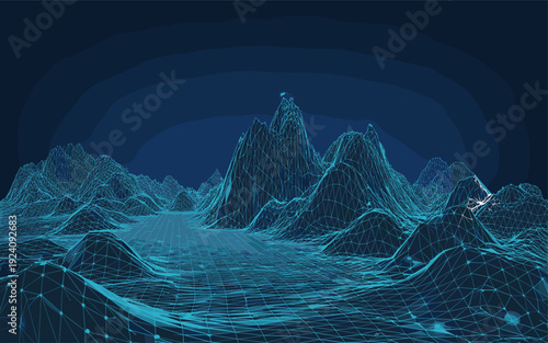 Blue Digital Wireframe Landscape Illustration, Futuristic 3D Cyber Terrain Mesh Background