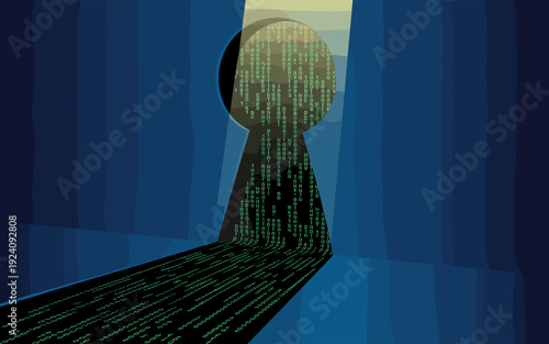 Cyber Security Concept with Digital Binary Code Inside Keyhole Flat Illustration Art