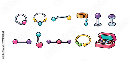 Jewelry icon set featuring body piercing jewelry. Cartoon style icons for accessories.