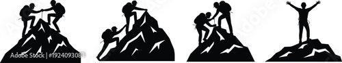 Mountain climbing team silhouette vector showing hikers helping each other reach summit success teamwork leadership achievement concept illustration