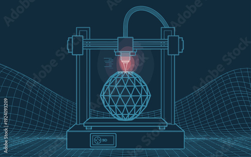 Industrial 3D Printer Wireframe Printing Sphere, Technical Line Art Prototyping Illustration