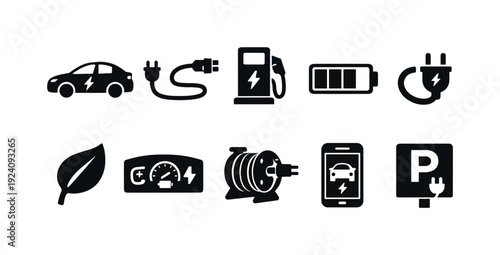 Electric vehicle silhouette icon set. Charging, battery, and green energy icons collection.
