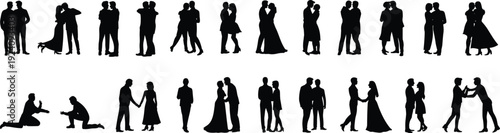 Collection of romantic couple silhouettes featuring wedding dance, marriage proposal, engagement moments and intimate love scenes isolated on white background for relationship concepts.
