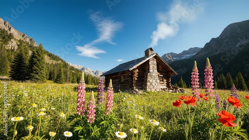 Idyllic mountain cabin with vibrant wildflowers under a clear blue sky in alpine meadow