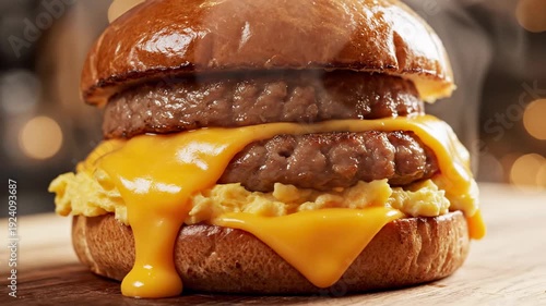 Juicy cheeseburger dripping melted cheese with steamy freshness on wooden surface