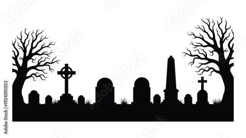 A black silhouette of a graveyard with trees and gravestones isolated on white background, Vector