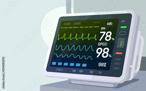 Perspective Medical Patient Monitor Displaying Vital Signs and Heart Rate in Flat Style