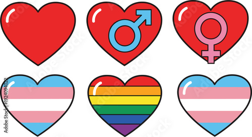 Pride and Gender Diversity Vector Set with Rainbow LGBTQ Transgender and Gender Symbol Hearts Isolated on White Background