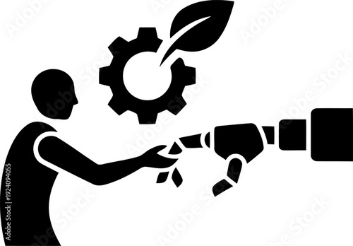 Human , Robot collaboration Silhouette, black vector icon.