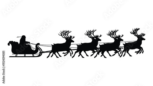 A black silhouette of santa's sleigh and reindeer in flight isolated on white background, Vector