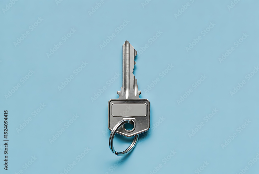 custom made wallpaper toronto digitalKey metal house key with keyring and blank label tag isolated on blue background, minimal flat lay concept for security, access, rental, property and locksmith services