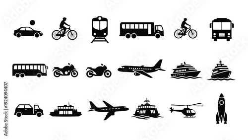 A collection of transportation icons isolated on white background, Vector
