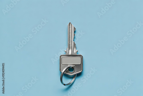 Wallpaper Mural Key metal house key with keyring and blank label tag isolated on blue background, minimal flat lay concept for security, access, rental, property and locksmith services Torontodigital.ca