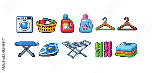 Laundry and cleaning flat icon set. Household cleaning and maintenance icons collection