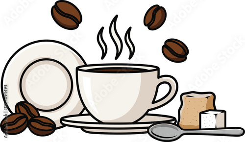 Coffee Morning Vector Illustration with Steaming Cup of Espresso Roasted Beans Saucer and Sugar Cubes Isolated on White Background