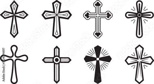 Collection of eight diverse black and white Christian cross symbols with various outlines and styles