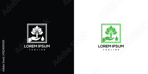 Nature Logo Hand Holding Tree and Water Drop.