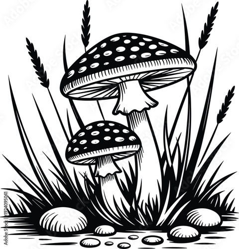 Hand drawn mushroom illustration, detailed forest fungi with grass and stones black and white vector engraving style artwork