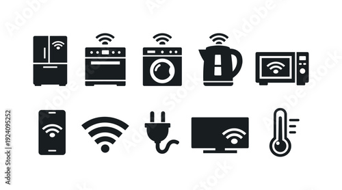Smart home filled icon set. Wi-fi appliances, connectivity, technology symbols collection.