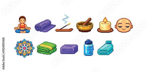 Mindfulness and meditation icon set. Relaxation, wellbeing filled icons collection