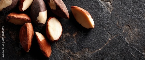 Brazil nuts on dark stone background, healthy snack option