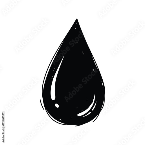 Hand-drawn black liquid drop icon representing a droplet of water, oil, or ink, isolated on a white background for graphic design and logo use, featuring a minimalist sketch style.