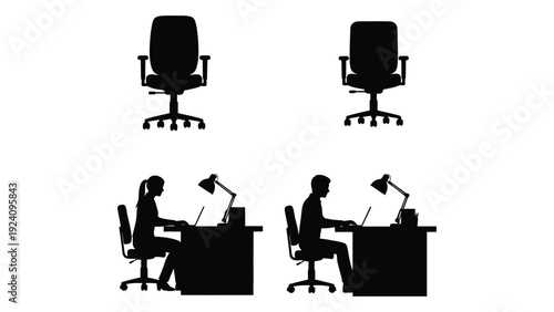 Office workers sitting at desks with chairs and lamps isolated on white background, Vector