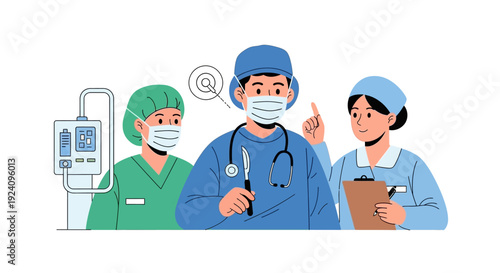 Professional Medical Team Illustration: Doctor, Surgeon, and Nurse Collaborating in Healthcare Setting with Equipment